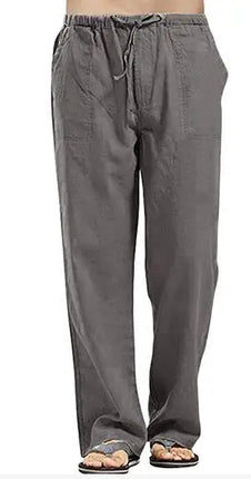 Men's Linen Loose Drawstring Pants Summer Breathable Casual Solid Color Trousers Youth Fashion Street Straight Pants