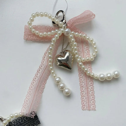 Imitation Pearls Lace Bowknot Keychain Sweet Beaded Pendant Keyring for Women Handbag and Backpack Key Chain Exquisite Ornament