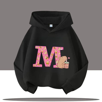 The A-Z Kapibara Cartoon Printed Children's Hoodie, Autumn Outdoor Casual Top for Boys and Girls with A Hooded Pullover
