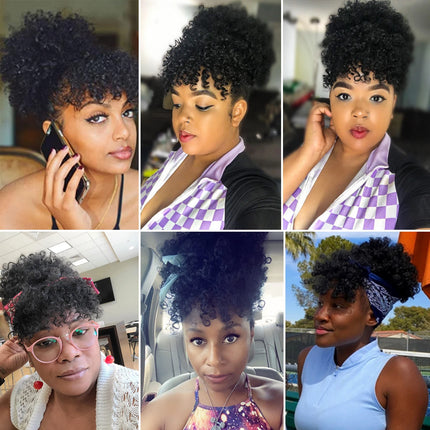 Synthetic Afro Puff Drawstring Ponytail with Bangs Pineapple Updo Hair for Black Women Short Kinky Curly Ponytail Bun