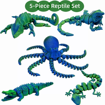 5-Piece Set of Chameleon, Lizard, Octopus, Crocodile, and Gecko Animal Figures, Jointed, Toys，Desktop Ornament, Perfect Gift