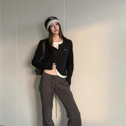 2024 Autumn Winter Long Sleeves Korean Fashion Style O-neck T-shirt For Women Fake Two-Piece T-shirts Ladies Top Tee Clothes