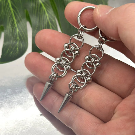 Gothic Punk Handmade Stainless Steel Spike Hoop Earrings for Women Grunge Y2K Byzantine Chainmail Chain Dangle Earrings