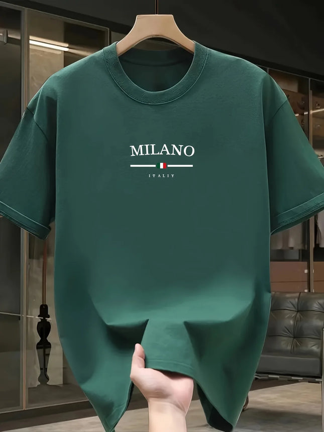 Men's 100% Pure Cotton Fashionable Casual Loose Italian Style Milan Letter Print Round Neck Short Sleeve T-Shirt Top