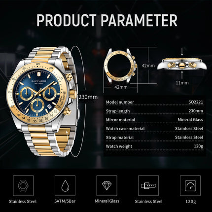 SAPPHERO Fashionable Men's Watch Date Display 5ATM Waterproof Watch Stainless Steel Watch Strap Men's Gift Watch For Men