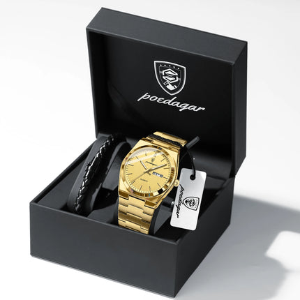 POEDAGAR Fashion Casual Men's Wristwatch Waterproof Luminous Date Week Men's Watches Stainless Steel Quartz Business Men Watch+Box