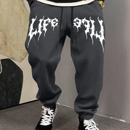 Men's Aesthetic Dark Gothic Letter Art Print Sweatpants Elastic Waist Joggers Cozy Goth Daily Street Fashion Bottoms