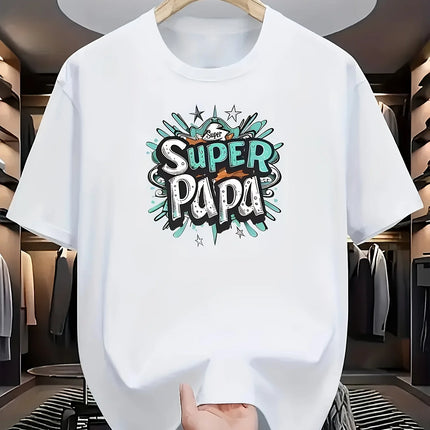 [Lightweight] Men's Super Papa Graphic T-Shirt - Bold Superhero Lettering & Family Design, Casual Round Neck Summer Outdoor Shir