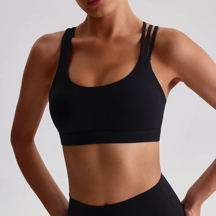 Solid Color Butter Cross Gym Yoga Underwear Women Cross Back Shoulder Straps Fitness Sport Bra High Impact Push Up Top With Pad