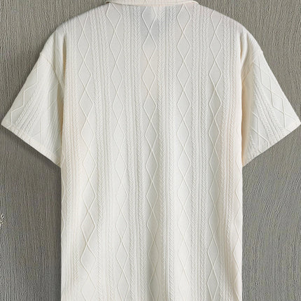 Men's Beige Argyle Texture Short Sleeve Polo Shirt Summer Loose Smart Casual Top