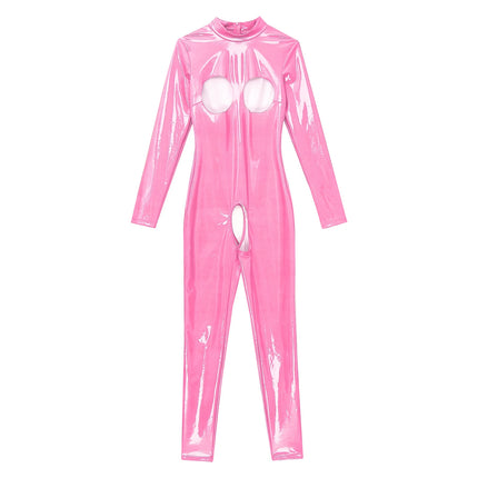 Womens Lingerie Patent Leather Latex Jumpsuit Zipper Crotchless Open Chest Catsuit Costume Wet Look Bare Breast Exposed Bodysuit