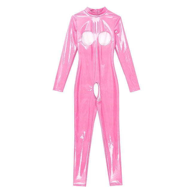 Womens Lingerie Patent Leather Latex Jumpsuit Zipper Crotchless Open Chest Catsuit Costume Wet Look Bare Breast Exposed Bodysuit