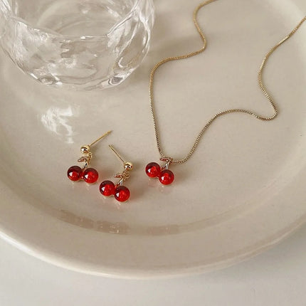Sweet Red Cherry Pendant Necklace Dangle Stud Earrings Jewelry Set Shiny Gold Chain Zircon Women Trendy Jewelry