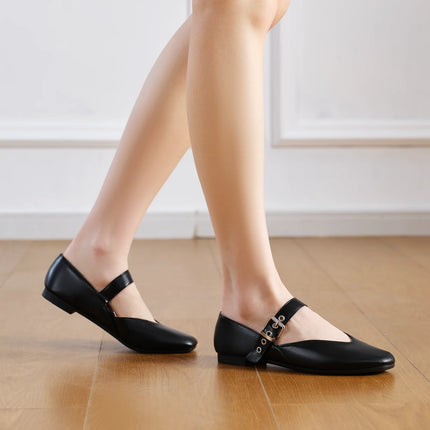 Mary Jane Shoes Female Genuine Leather  V-Cut Snap Ballet Shoes Women Square Toe Flat Cowhide Ladies Shoes