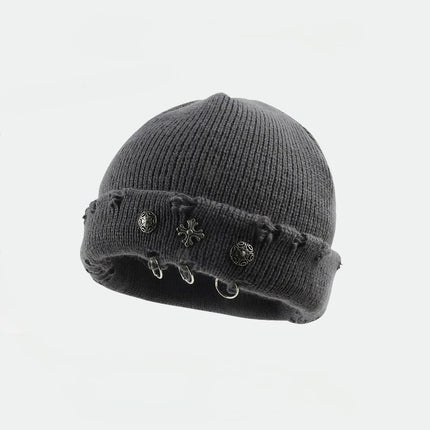 Street hip-hop retro cross ring perforated woolen hat for women, yuppie knitted melon skin hat, cold hat for men