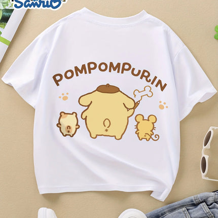 Sanrio Summer Creative Cartoon Pudding Dog Print T-Shirt Fashionably Versatile Breathable Boys Girls Clothing Suitable All Ages