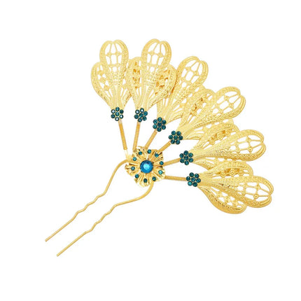New Golden Alloy Leaf Crystal Flower Hairpin Hair Accessories for Women Thailand Ethnic Dance Party Decoration Headwear Jewelry