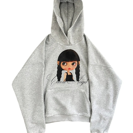 Coraline Graphic Print Grey Zip Up Hoodie Star Pattern Hand Painted Oversized Soft Streetwear Y2K Retro for Women Daily Wear