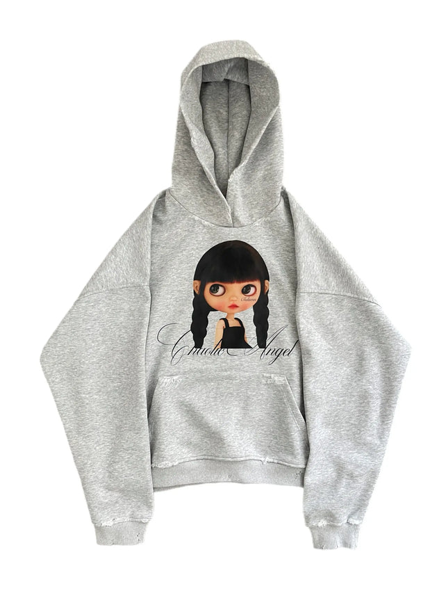 Coraline Graphic Print Grey Zip Up Hoodie Star Pattern Hand Painted Oversized Soft Streetwear Y2K Retro for Women Daily Wear