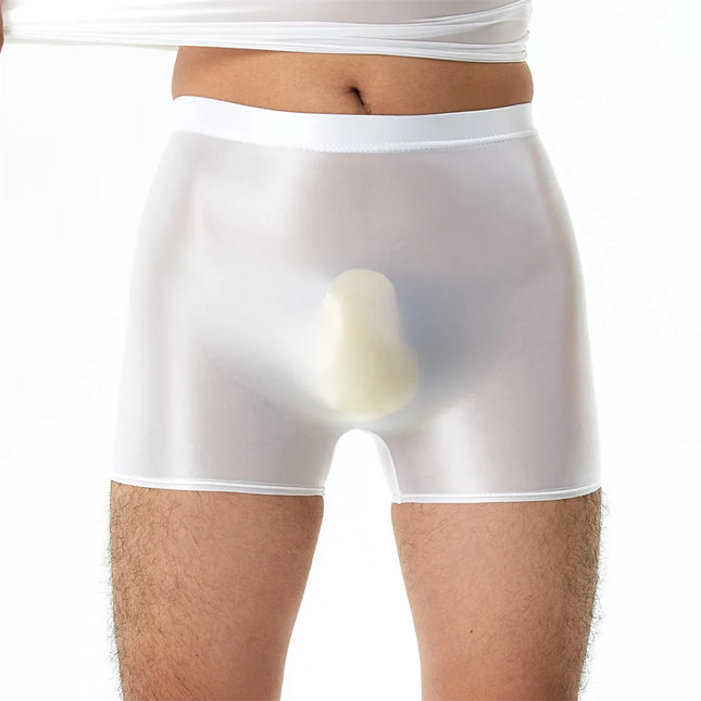 Mens Sexy Nylon Sheer Shiny Oil Boxer Shorts Underwear Solid Color Boxershorts Erotic Elastic Ice Silk Panties Underpants Cueca