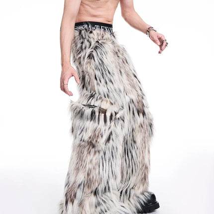 Mauroicardi Autumn Winter Long Colorful Thick Warm Hairy Fluffy Faux Fur Wide Leg Pants Men Pockets Runway Fashion Streetwear