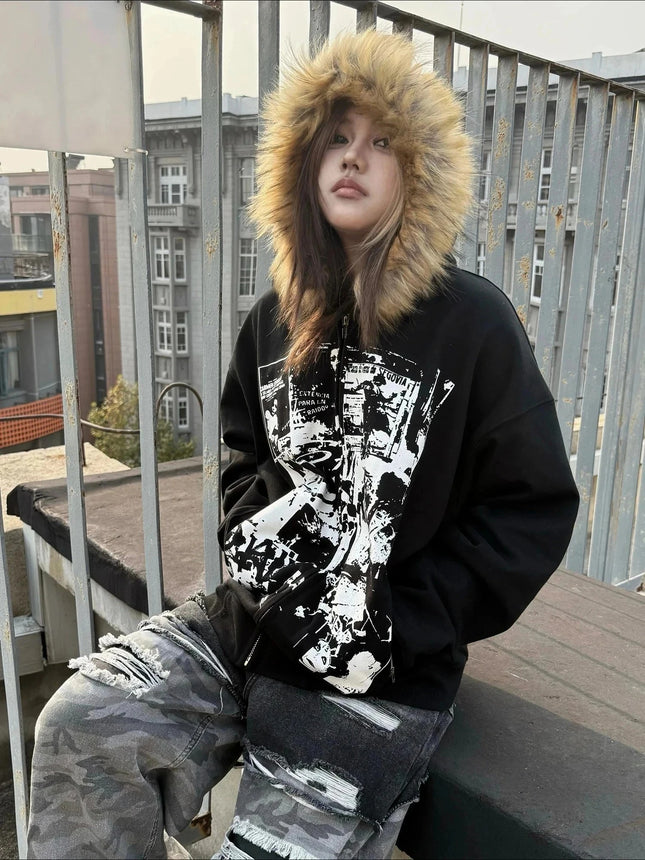 Korean Fashion Sweatshirts Harajuku Gothic Printed Coats Jackets Subculture Vintage Faux Fur Hooded Women Casual Y2k Clothing