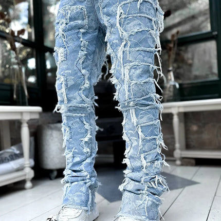 new Patch denim straight-leg pants retro jeans street fashion ins explosive style elastic new men's fashion retro denim trousers