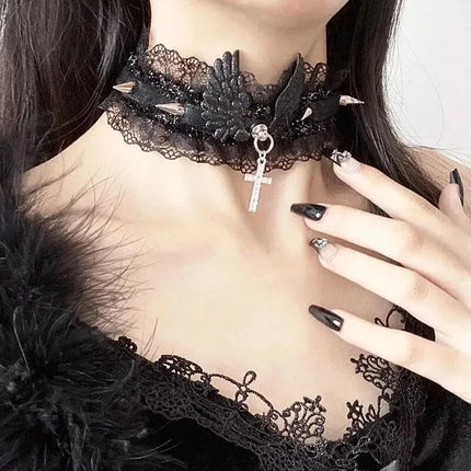 Fashion Solid Color Women Girls Necklace Wide Lace Rivets Lolita Lace Choker Y2K Angel Wings Cool Leather Necklace Daily Wear
