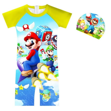 2024 Super Mario anime figure Mario Boy Swimsuit Children Cartoon One-Piece Swimsuit Summer Beach Resort Pool Party Clothes