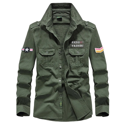 2025 New  Military Shirt Men Long Sleeve Casual Dress Shirt Male Cargo Work Shirts With Embroidery 115