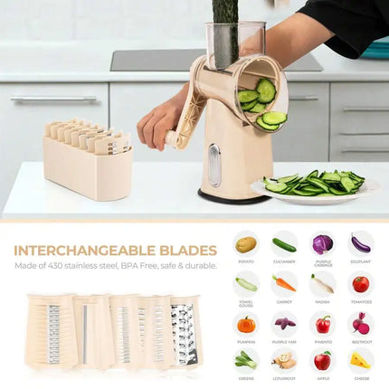 Rotary Cheese Grater With Handle - Food Shredder With 5 Well-Designed Blades & Strong Suction Base,Round Mandoline Slice