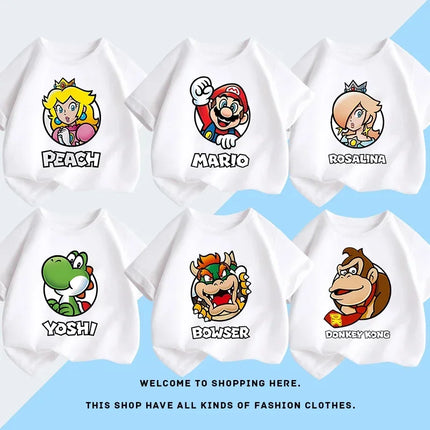 Super Mario T-shirt Children's Short-sleeved 100% Cotton Boys and Girls Round Neck Tops Summer Fashion Casual Parent-child Wear