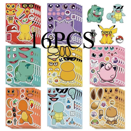 8/24PCS  Anime Pokemon Cartoon Puzzle Stickers Pikachu Children Make A Face DIY Toys Funny Assemble Jigsaw Kids Boys Girls Party