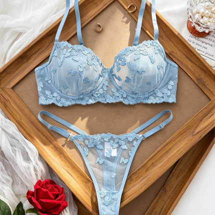 French Style Blue Lace Bra and Panties Set Women Sexy Eyelash Lace Underwear Transparent Mesh Two Piece Lingerie