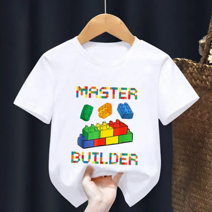 Master Builder Blocks Building Print Cartoon Kids T shirt Girls Summer Tops Baby Boys Clothes Children Short Sleeve T-shirts
