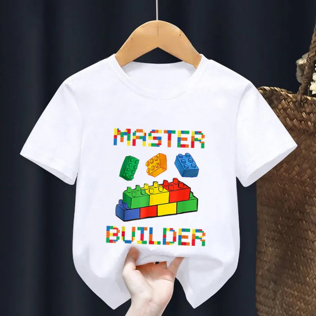 Master Builder Blocks Building Print Cartoon Kids T-shirt Girls Summer Tops Baby Boys Clothes Children Short Sleeve T-shirts