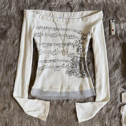 Y2K Aesthetic Fairy Off Shoulder Tops Women Long Sleeve Music Note Print Slim Fitted T-Shirt Ruffle Blouse Clothes