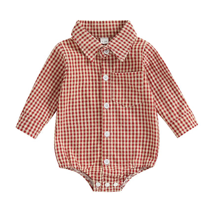 Pudcoco Baby Boys Plaid Romper Button-down Long Sleeve Lapel Neck Adorable Fall Jumpsuits