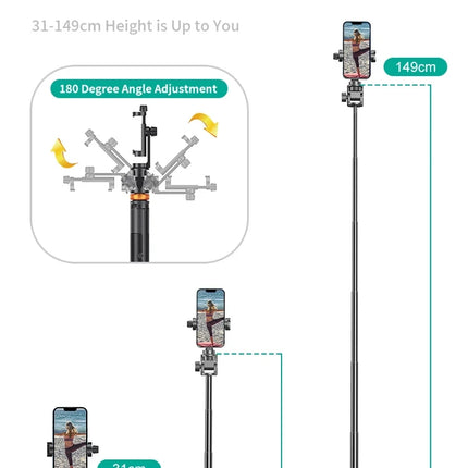 1.49M Wireless Selfie Stick Tripod Stand with Bluetooth Remote Extendable Tripod for iPhone Mobile Phone Tiktok Live Streaming