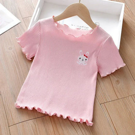 Girls' Embroidered Short Sleeve T-Shirt Ice Silk Summer Top with Ruffle Trim Stretchy Soft for Toddler Baby 1-6 Years