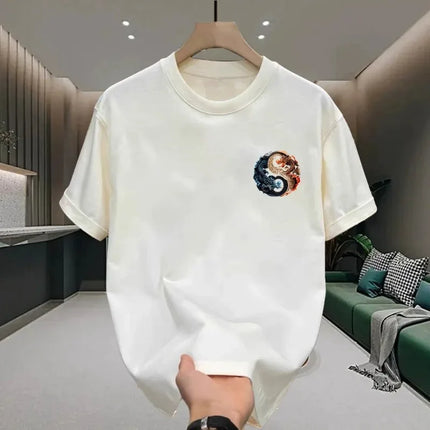 Men's Cotton T-shirts White 5XLT Shirt for Men Casual Summer Wear Chinese Loong Print Tee Shirts Black Men Clothing Fashion