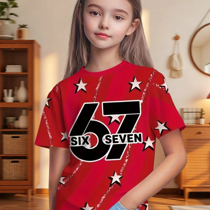 67 Meme T-Shirt for Boys Girls Fashion Splashed Ink 3D Print Girl Short Sleeve Tees Round Neck Tops Loose Children's Clothing