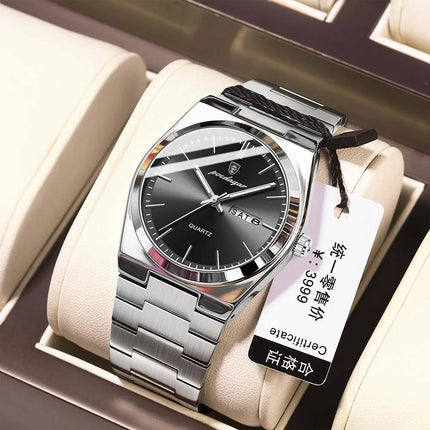Casual Men's Quarts Wristwatch Waterproof Luminous Men Watch Stainless Steel Quarts Watch Date Week Man Clock(Packaged by Box)