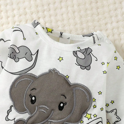 2pcs Baby Cute Cartoon Elephant Pattern Embroidery Long Sleeve Romper With Hat