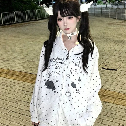 Autumn Winter Sweet Cute Cat Ear Hooded Hoodie Women Casual Kawaiii Polka Dot Print Design Coat Elegant Fashion Loose Jacket New