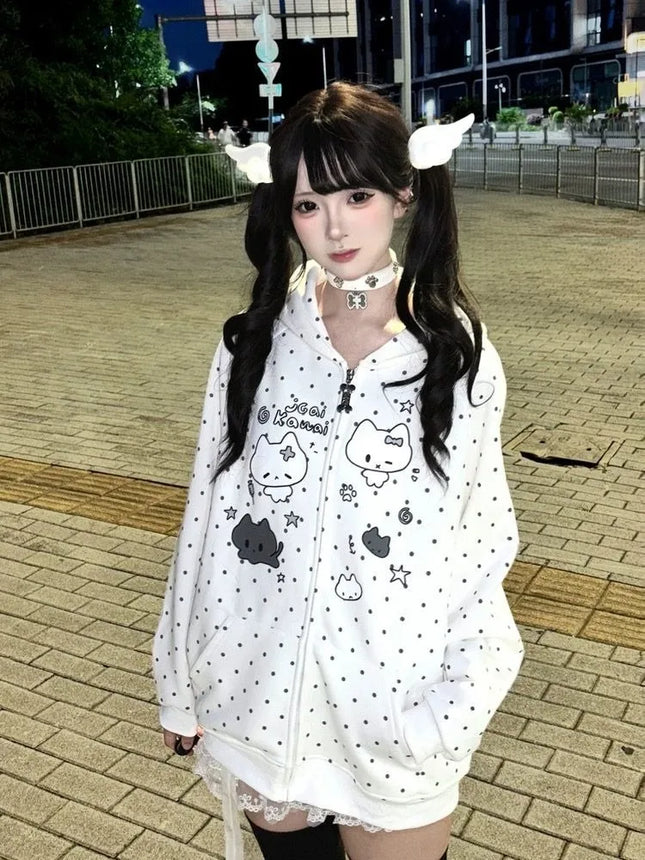 Autumn Winter Sweet Cute Cat Ear Hooded Hoodie Women Casual Kawaiii Polka Dot Print Design Coat Elegant Fashion Loose Jacket New