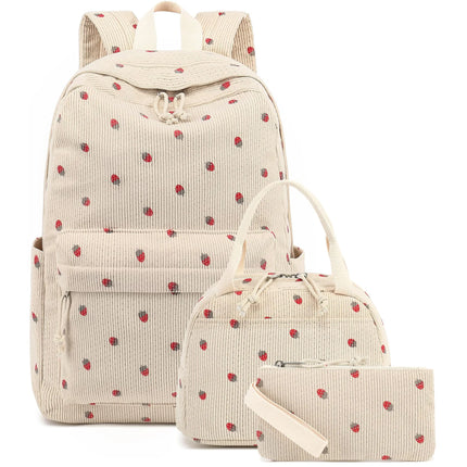 3/set Corduroy Backpacks Strawberry Multi-function Schoolbag Casual Travel Large Capacity Daily Lightweight Students School Bag