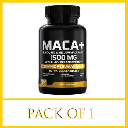 Organic Maca Root Powder Capsules 1500mg with Black Pepper Extract & Maca Root Extract, Energy & Mood Supplemet for Men & Women