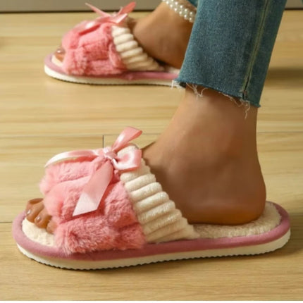 Autumn Winter Women Fashion Indoor Plush Bow Slippers Females New Lovely Bowknot Slides Men Home Cute Warm Fluffy Light Sandals