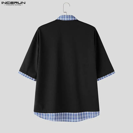 INCERUN Men's Shirt Plaid Patchwork Lapel Short Sleeve Casual Men Clothes Summer Streetwear Loose Korean Style Shirts For Man